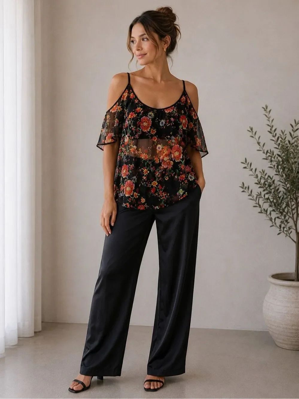 Zebra Floral Sheer Cold Shoulder Top Size M